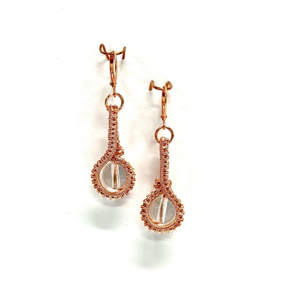 HANDMADE Clear Quartz Hand Wrapped Bare Copper Statement Dangle Earrings - Picture 10 of 10